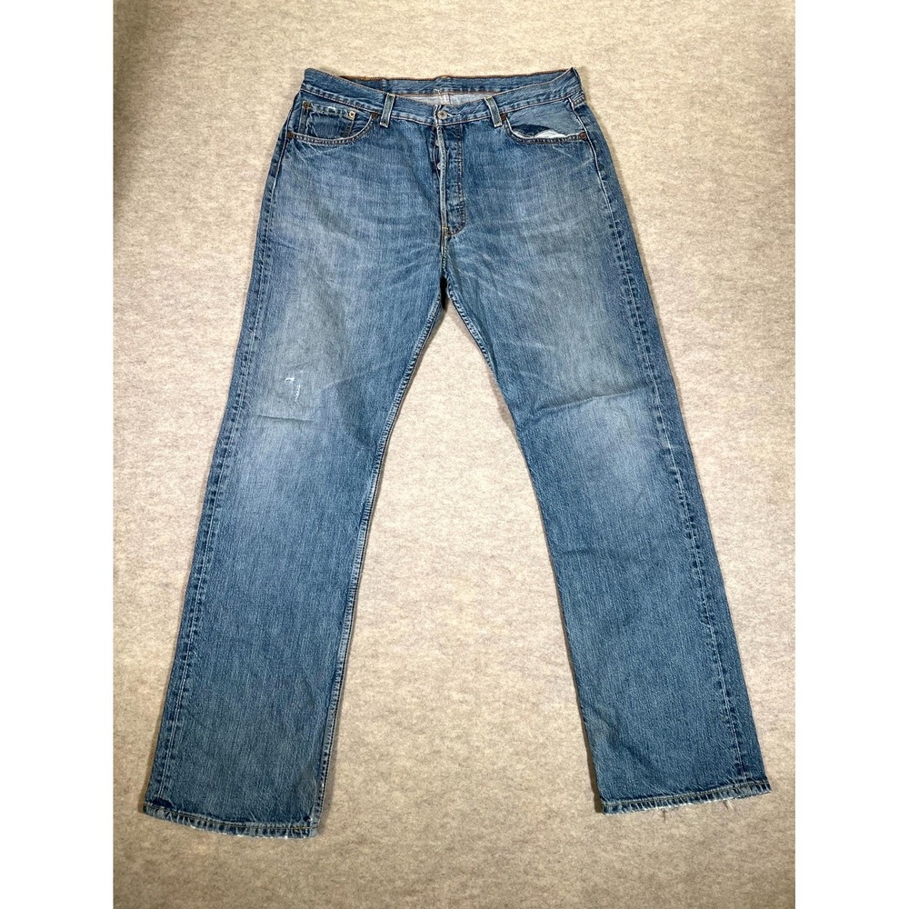 Levis 501 Jeans Mens 36x34 Blue Whiskering Denim Cotton Straight Leg Button Fly